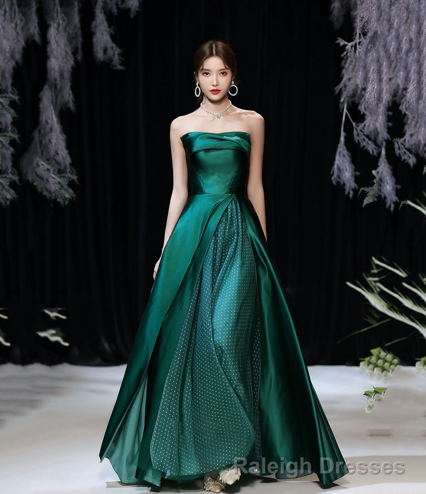 Green satin long prom dress evening dress Main image