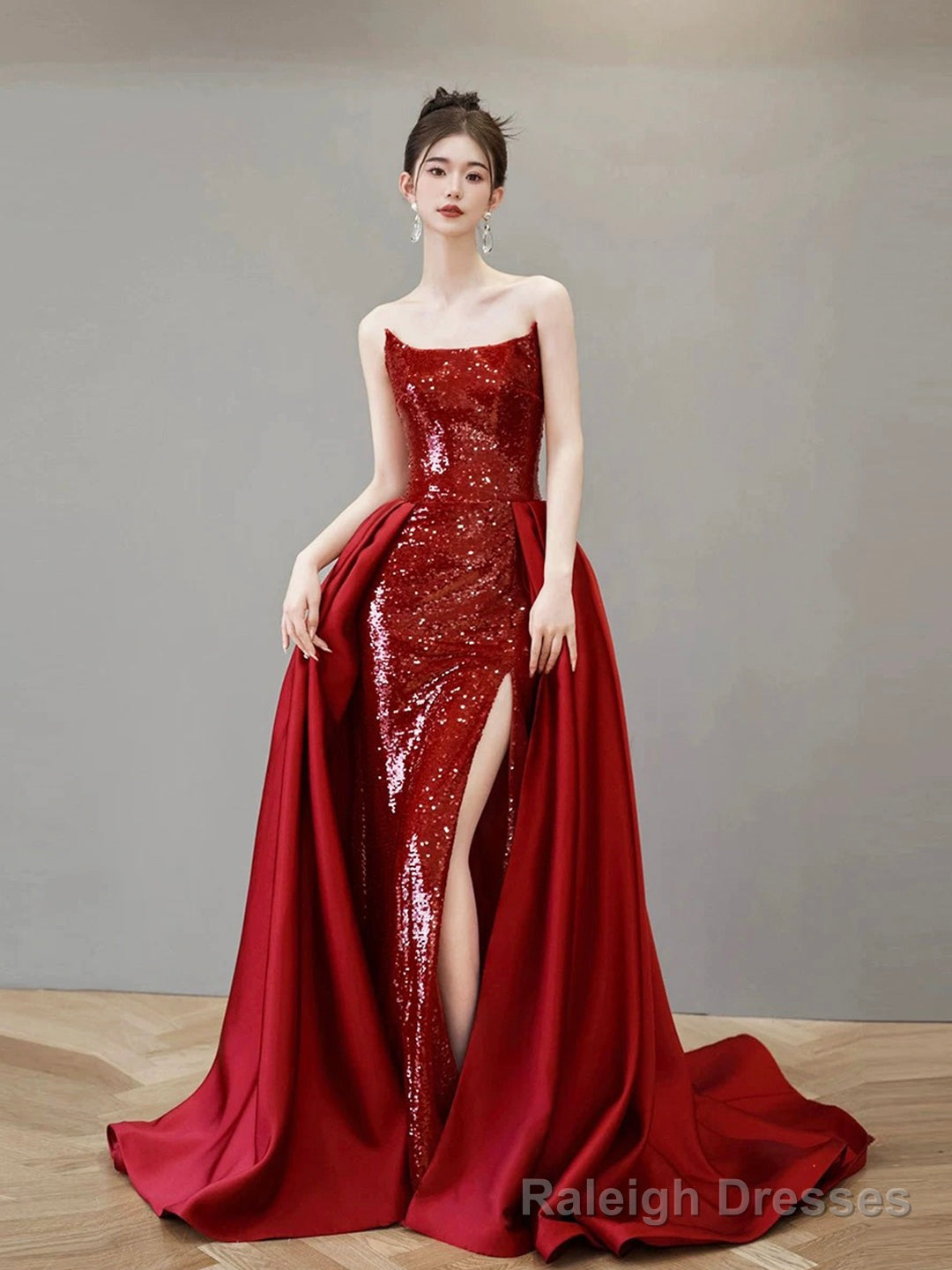 Burgundy Satin Sequins Long Prom Party Dress