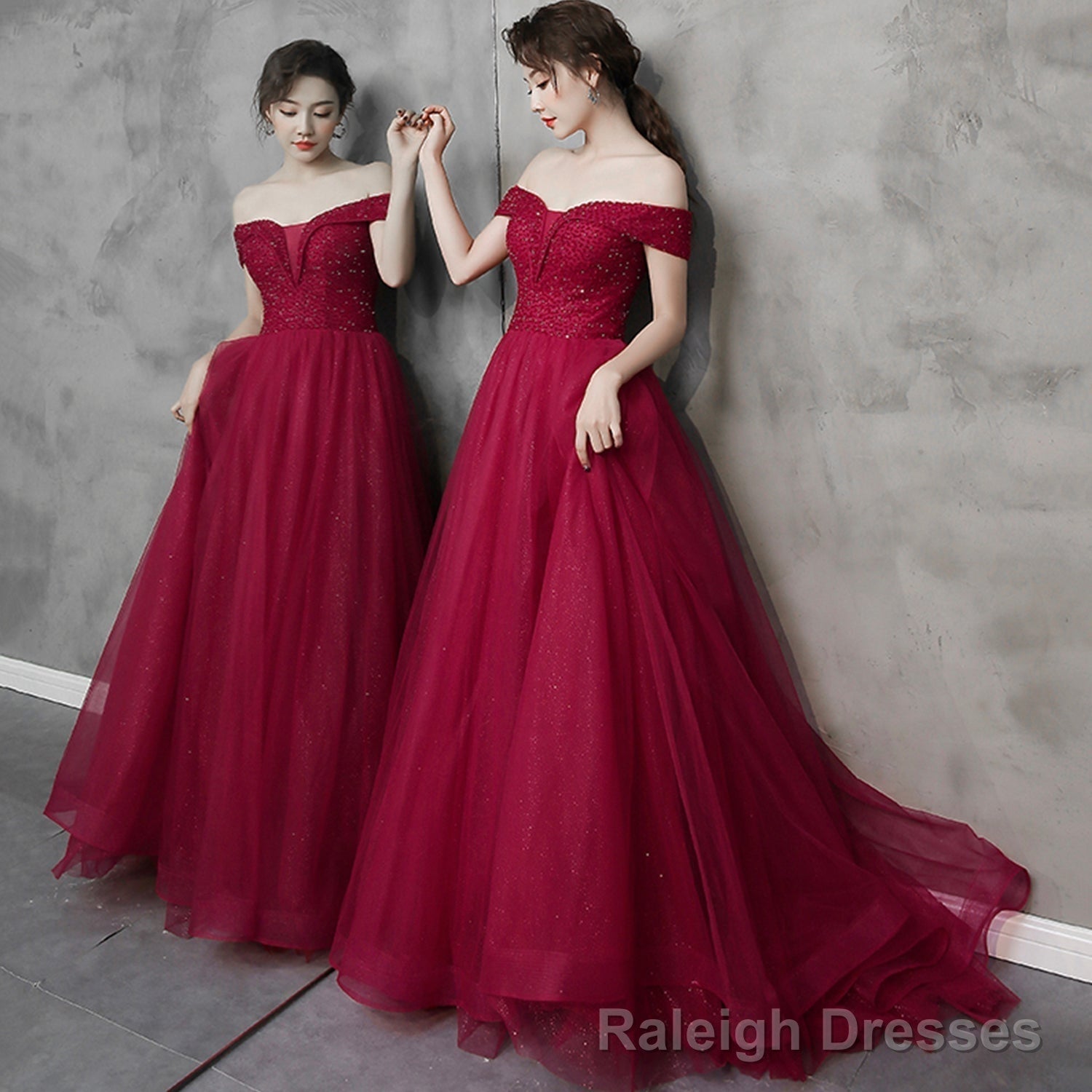Burgundy tulle beads long prom dress A line evening dress