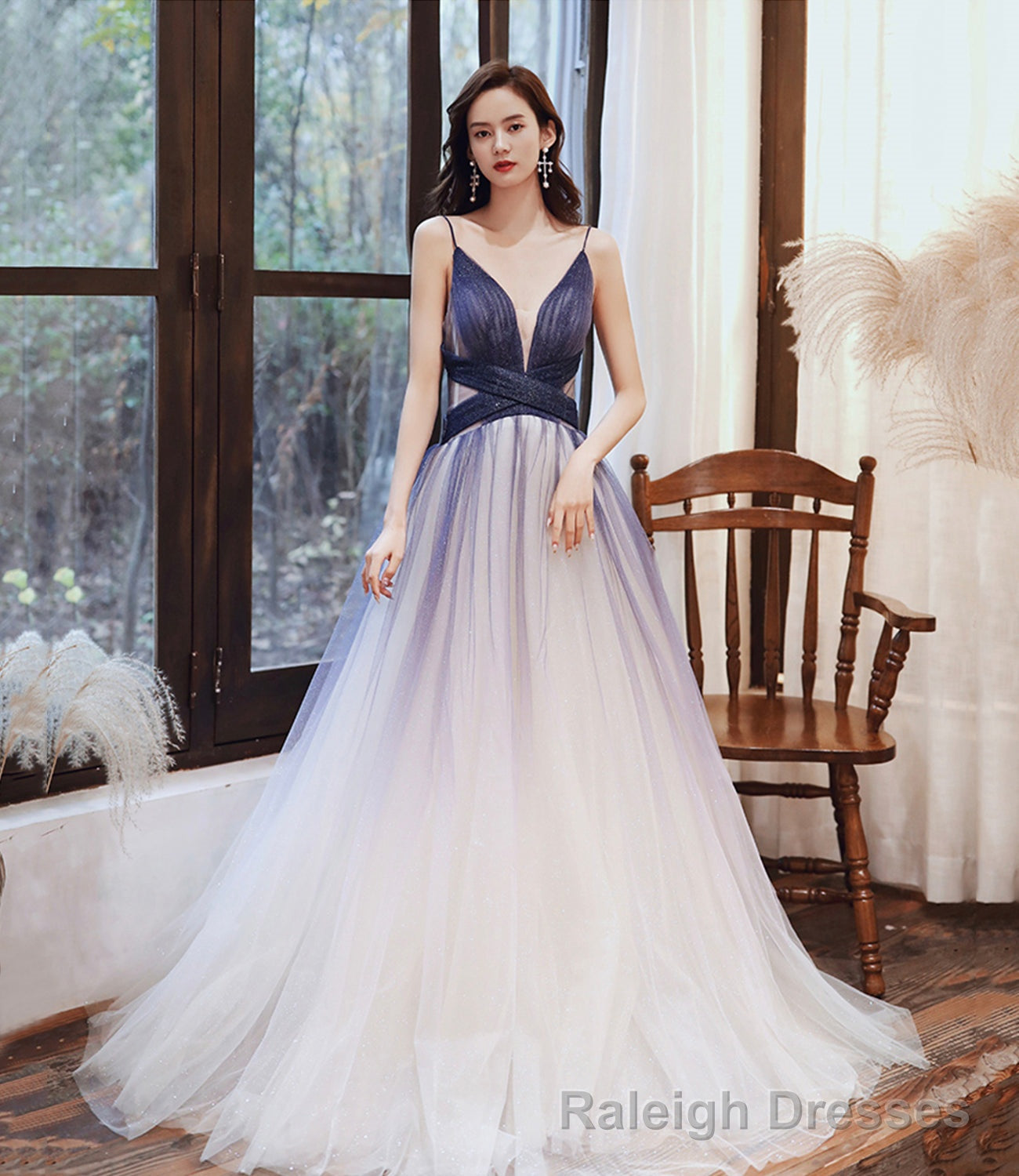 Stylish v neck tulle long A line prom dress blue evening dress Main image
