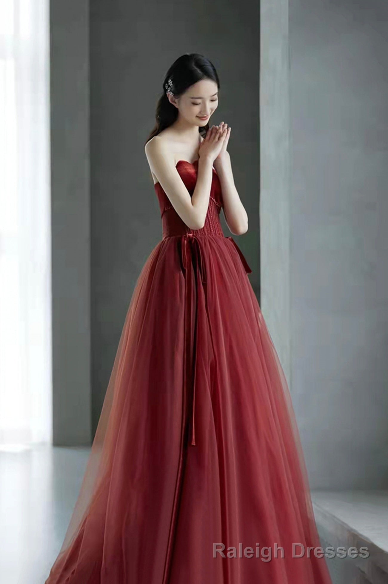 Burgundy tulle sequins long prom dress evening dress Secondary image