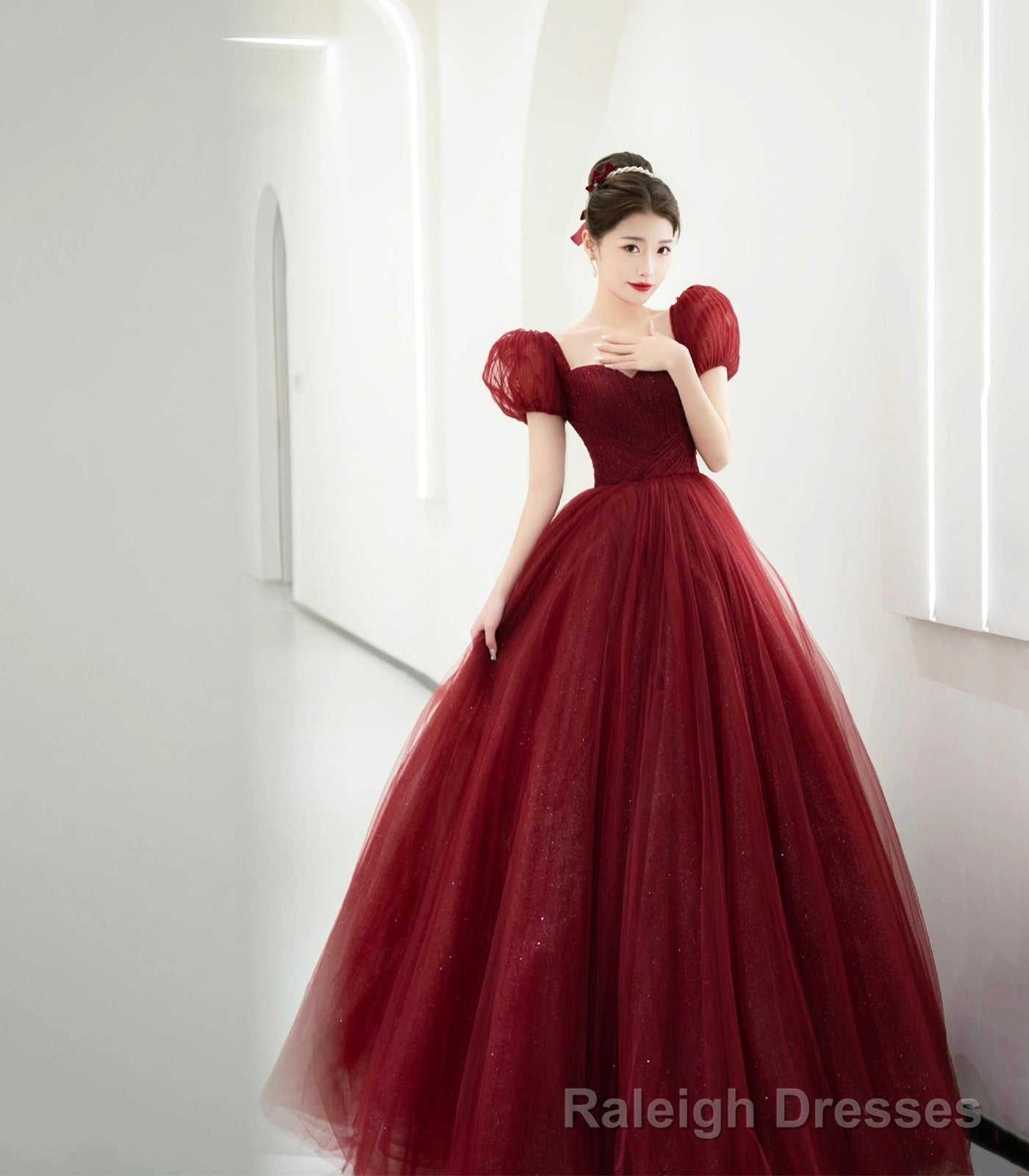 Burgundy Tulle Beaded Long Prom Dress, Beautiful A-Line Evening Party Dress Main image