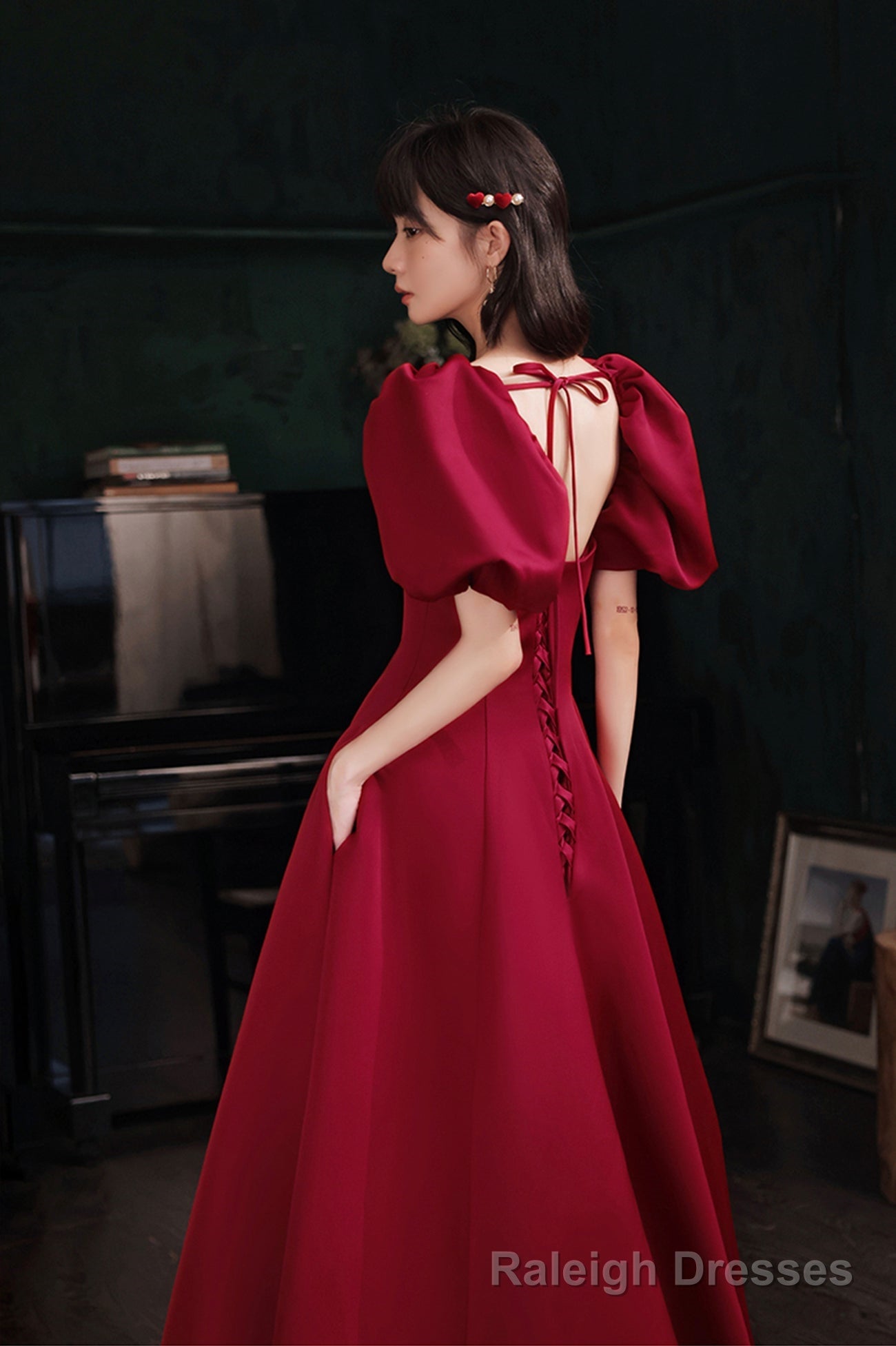 Burgundy satin long prom dress A line evening dress Secondary image