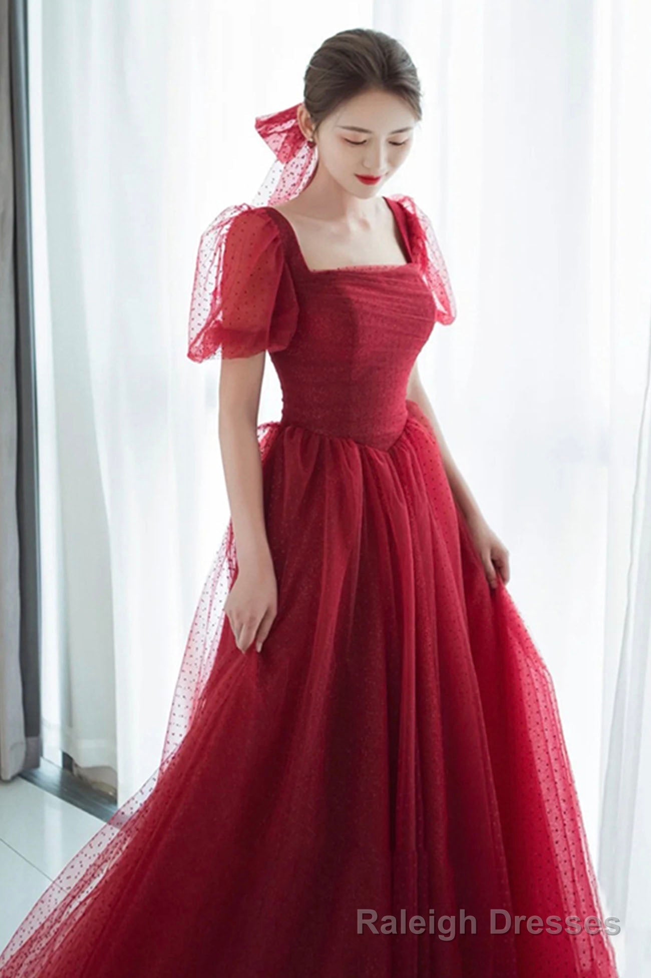 Red tulle long prom dress A line evening dress