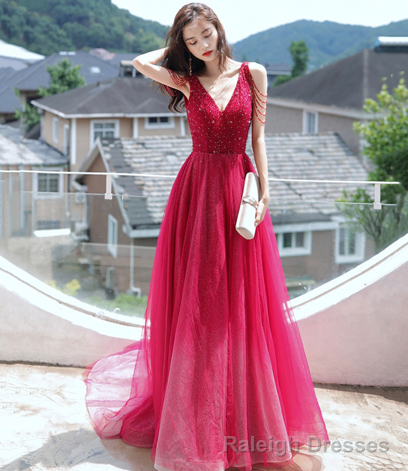Red tulle beads long prom dress red evening dress Secondary image