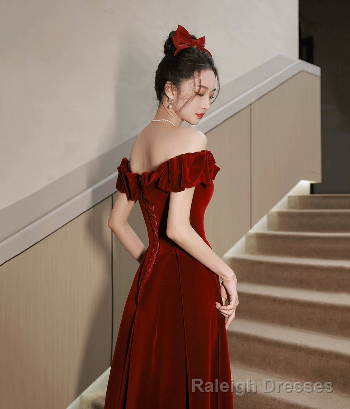 Burgundy Velvet Tea Length Prom Dress, Cute Evening Dress Party Dress Secondary image