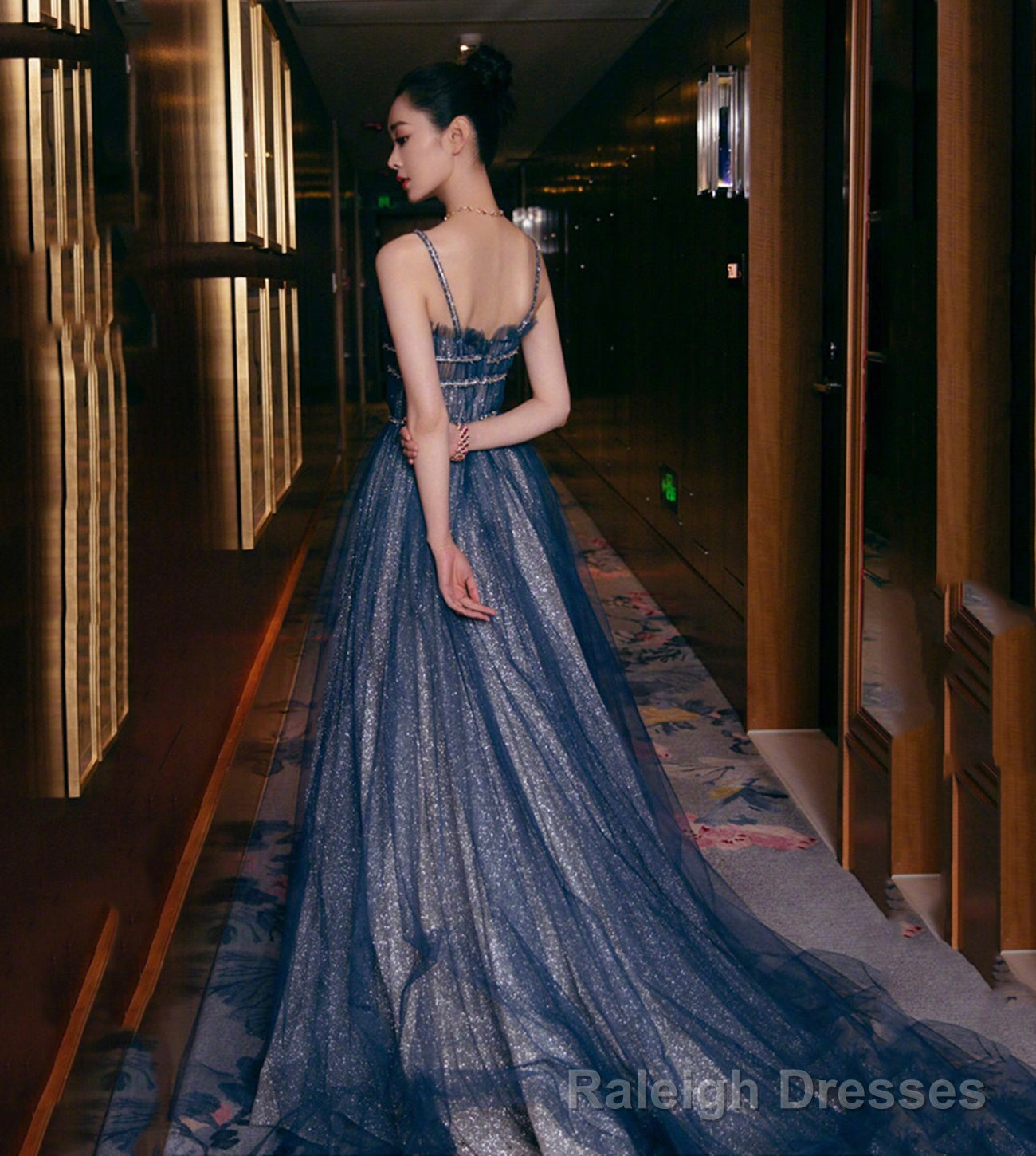 Blue tulle long prom dress shiny evening dress Secondary image