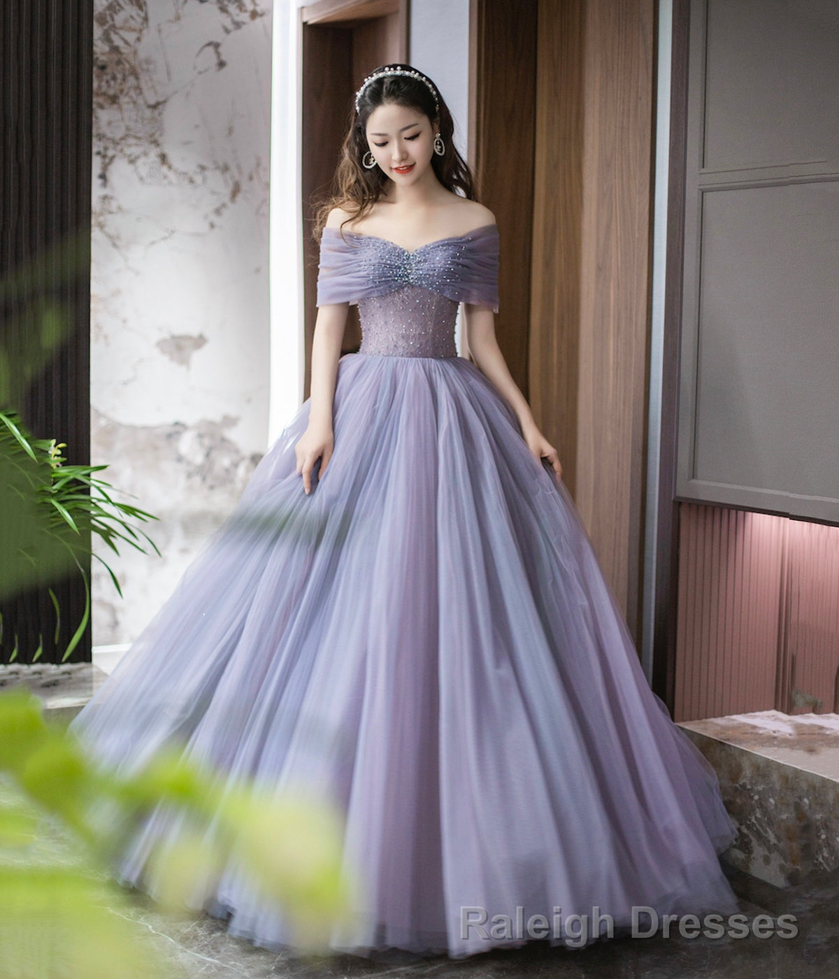 Purple Tulle Beaded Long Prom Dress, Off Shoulder Evening Party Dress