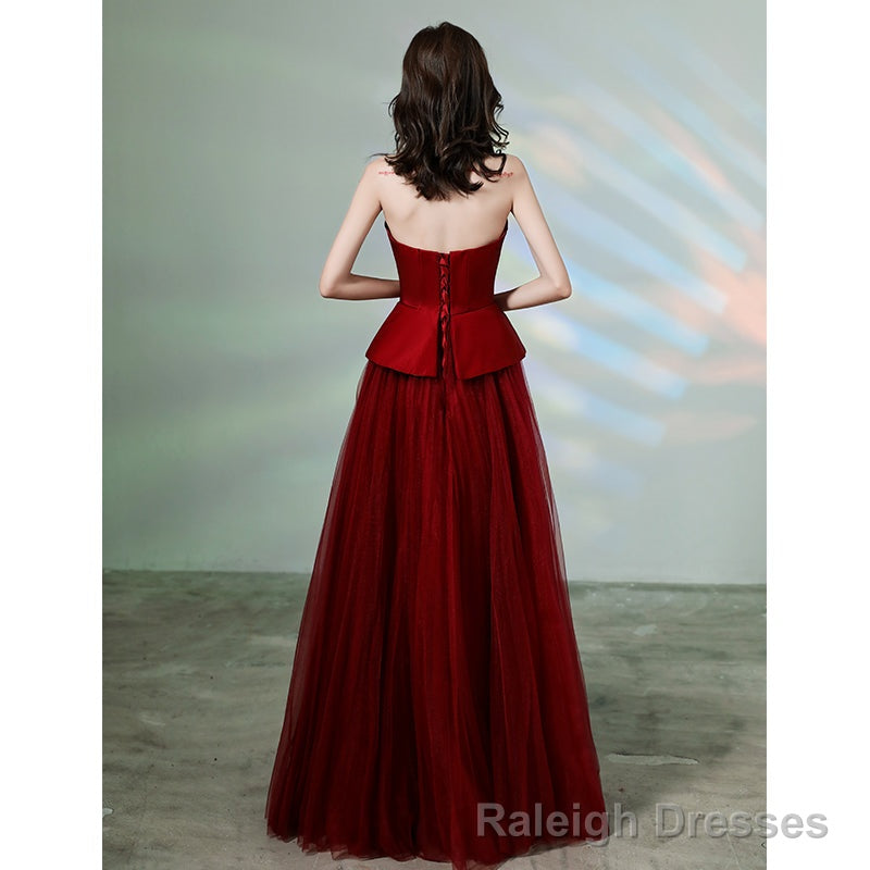 Burgundy tulle long prom dress formal dress Secondary image