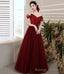 Burgundy tulle long prom dress A-line evening dress