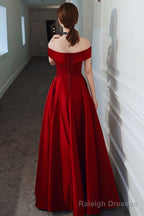 Burgundy satin beads long prom dress evening dress