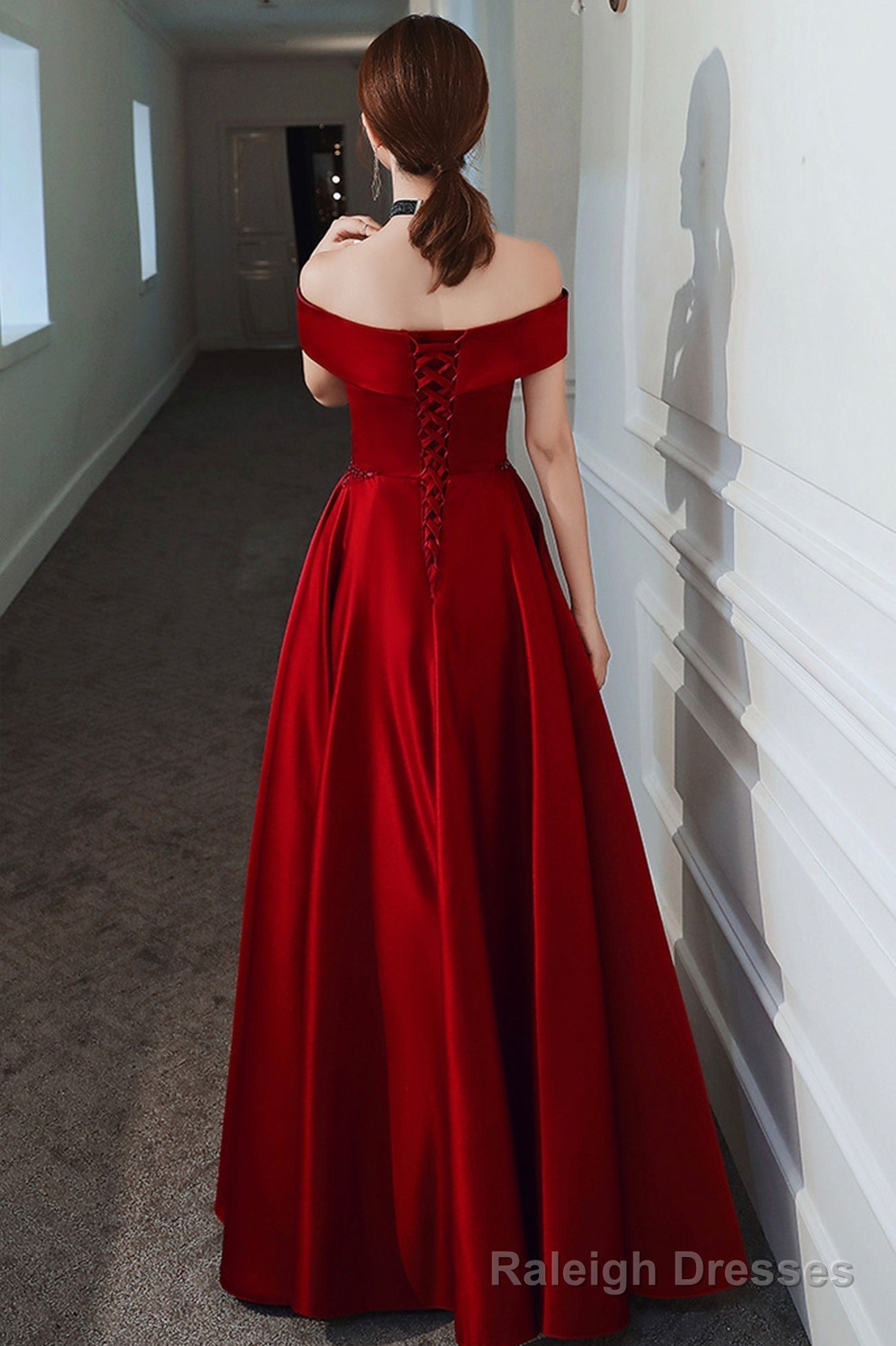Burgundy satin beads long prom dress evening dress