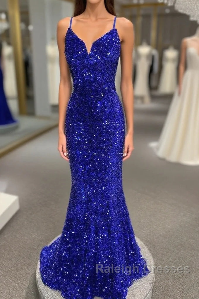 Spaghetti Straps Mermaid Sequin Long Prom Dresses