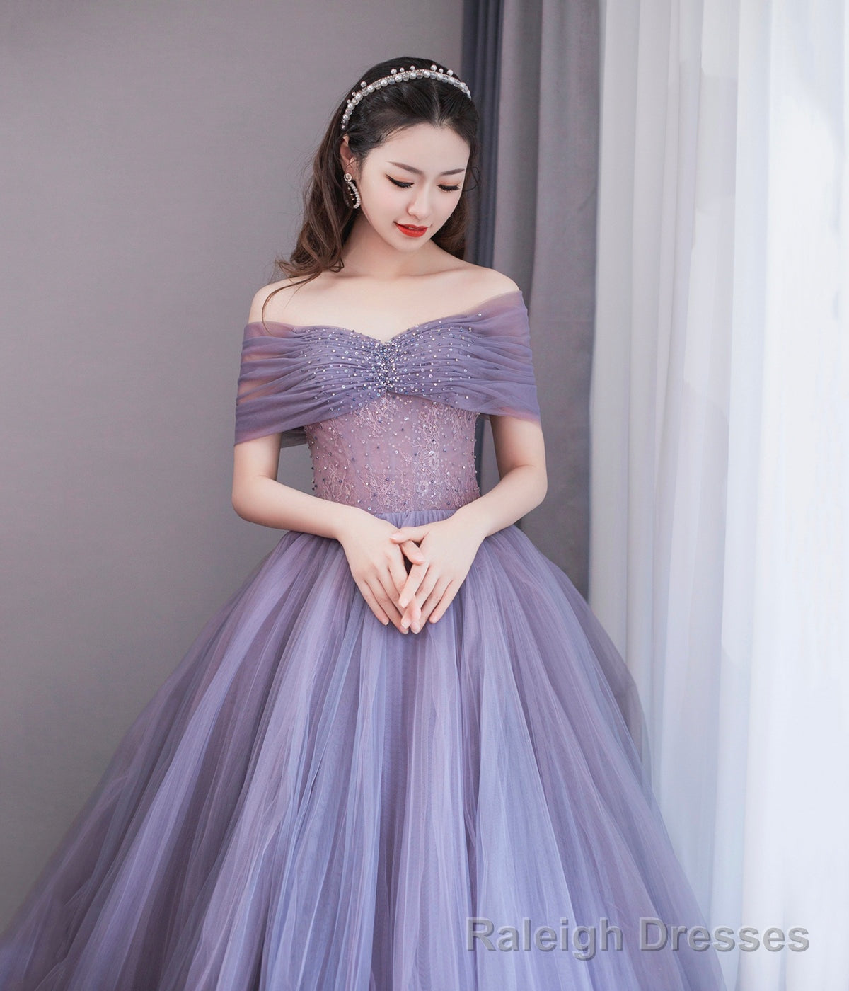 Purple Tulle Beaded Long Prom Dress, Off Shoulder Evening Party Dress Secondary image