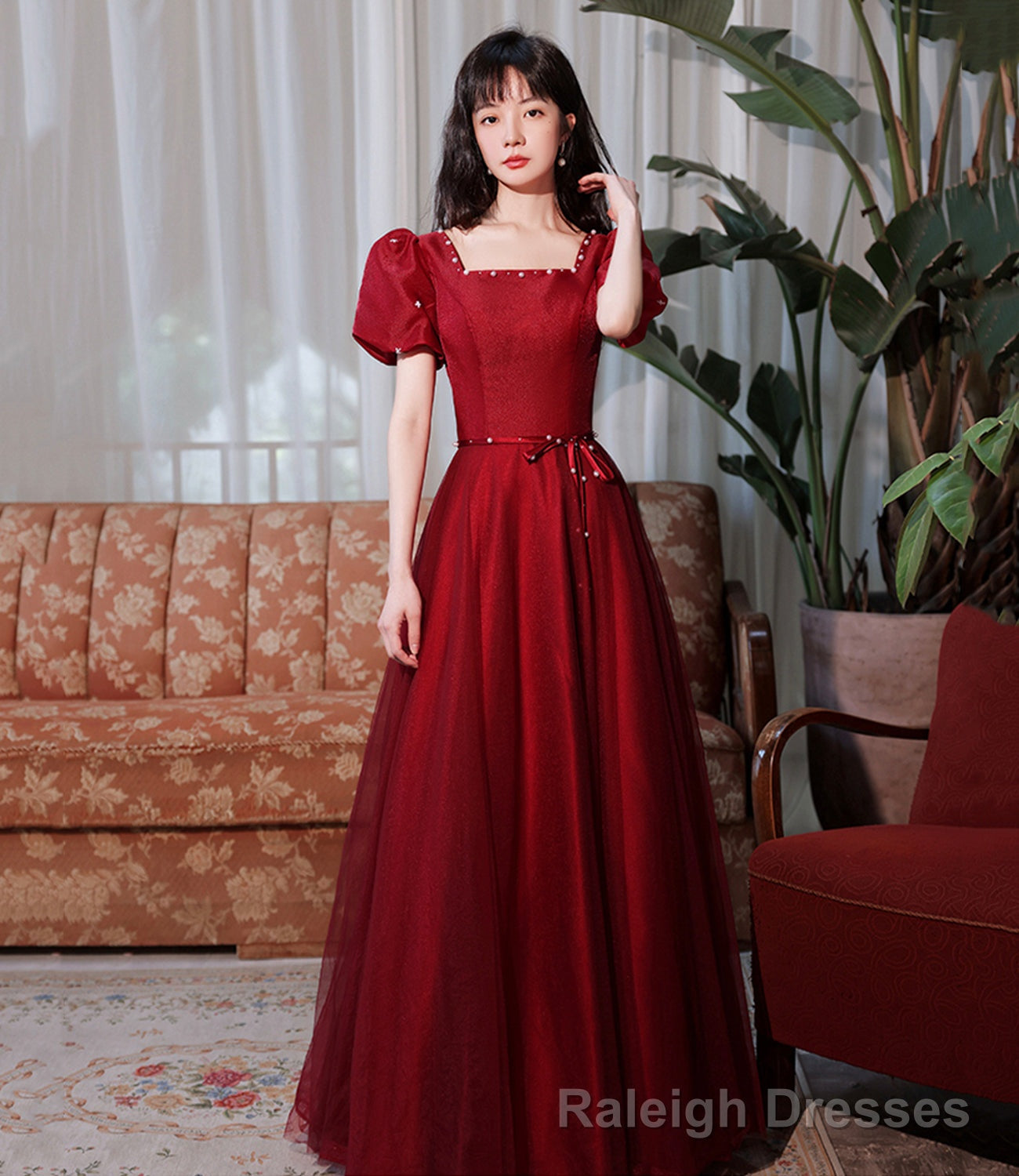 Burgundy satin tulle long prom dress A line evenig dress Secondary image
