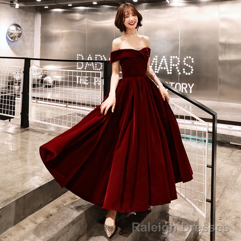 Burgundy velvet tea length prom dress party dress Secondary image
