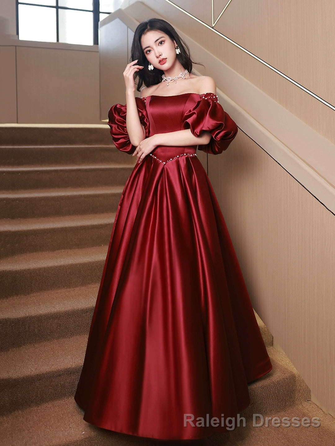 Burgundy Satin Long A-Line Formal Prom Dress Secondary image