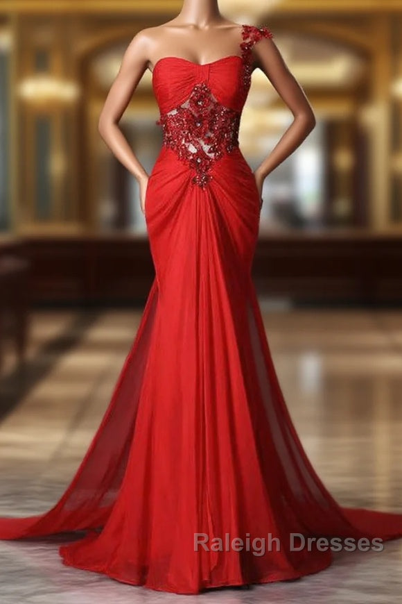 Trumpet Mermaid One Shoulder Chiffon Appliques Lace Beading Red Long Prom Dresses