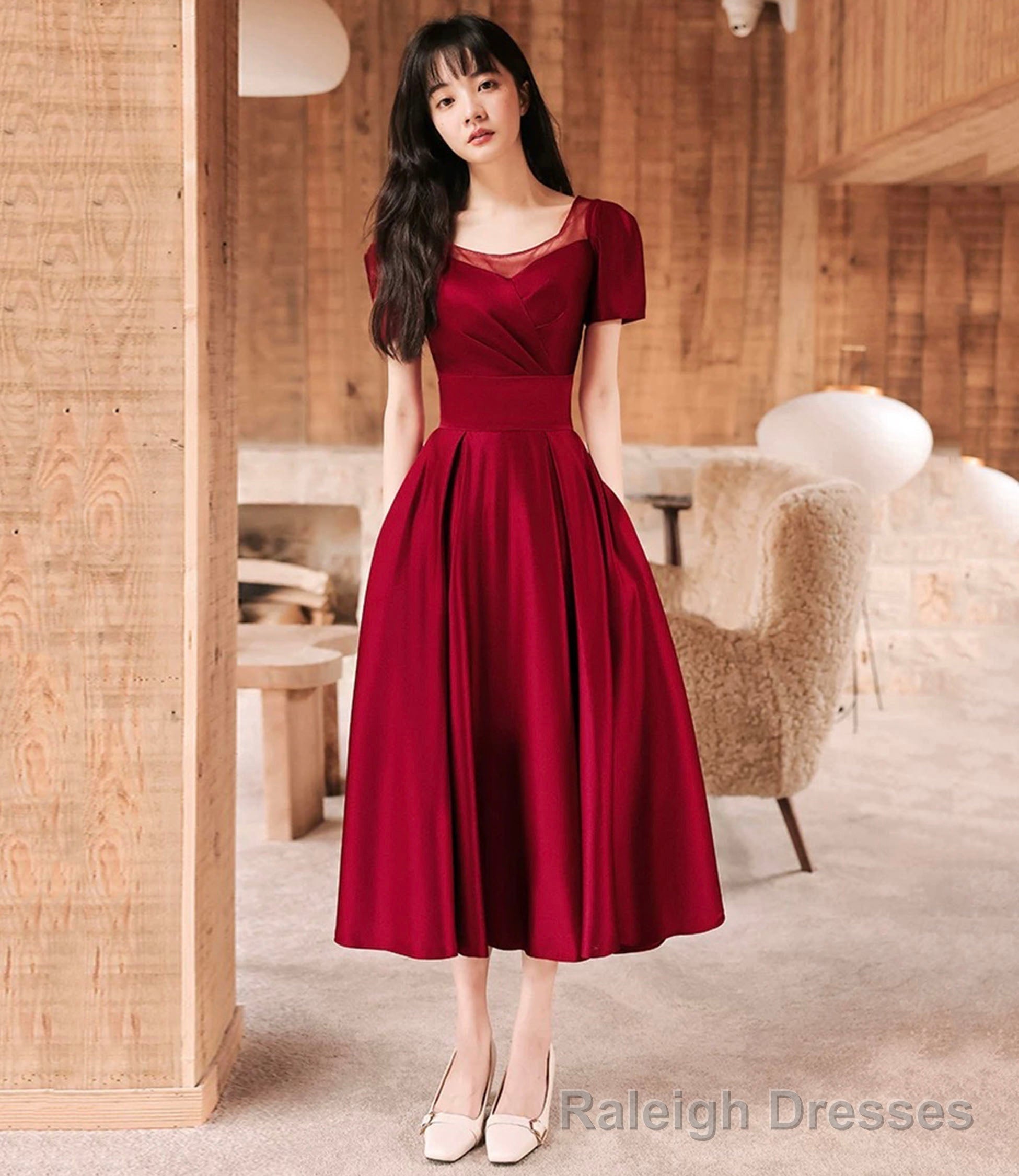Burgundy satin short prom dress A-line evening dress Main image