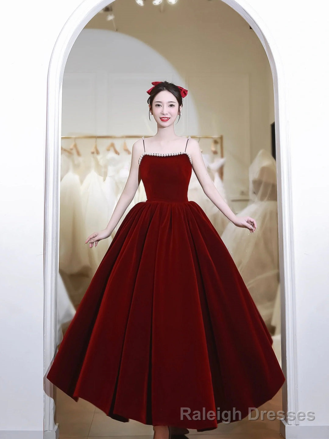 Burgundy Velvet Tea Length Prom Dress with with Pearls Main image