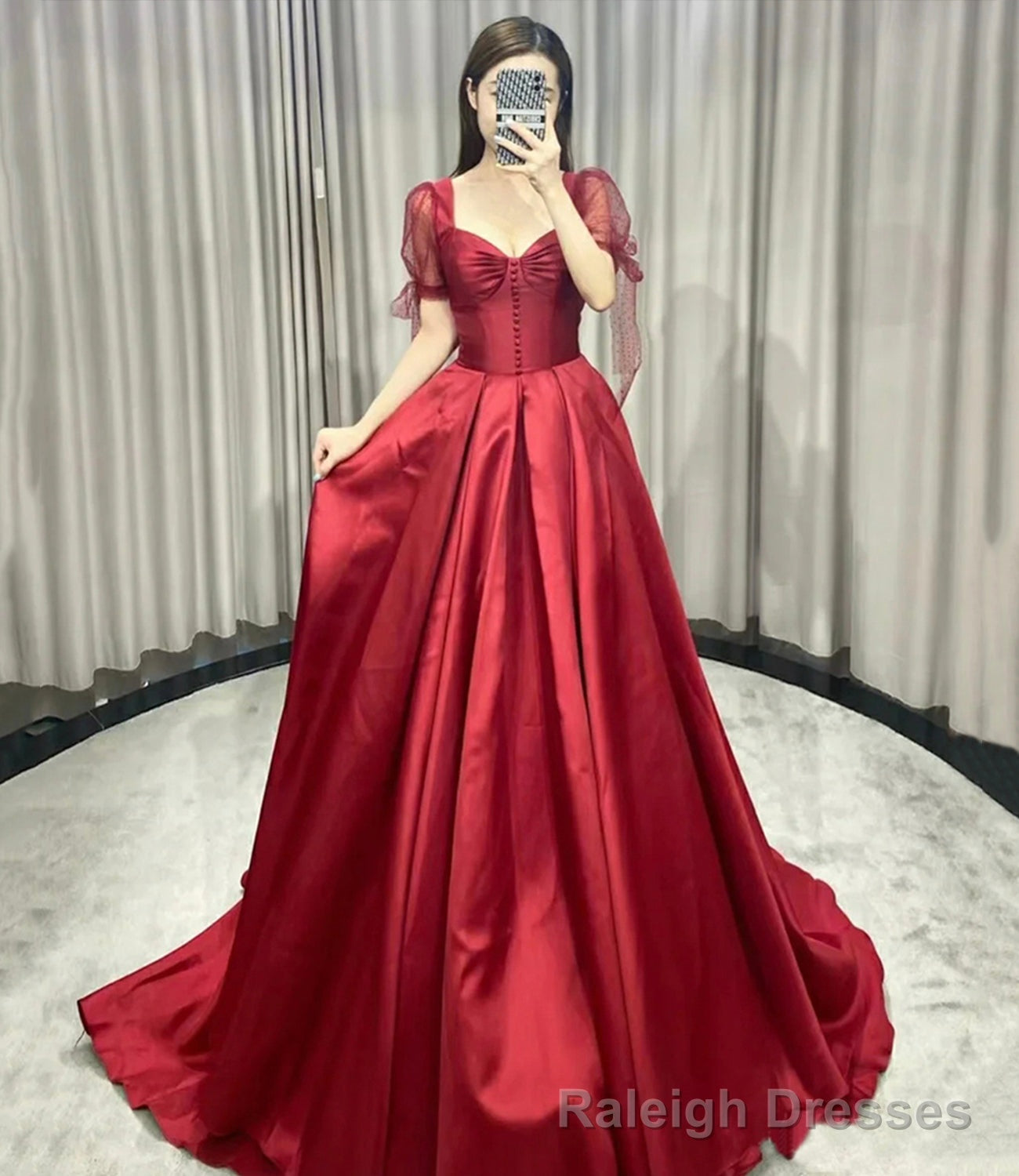Red satin long prom dress A line evening gown Main image