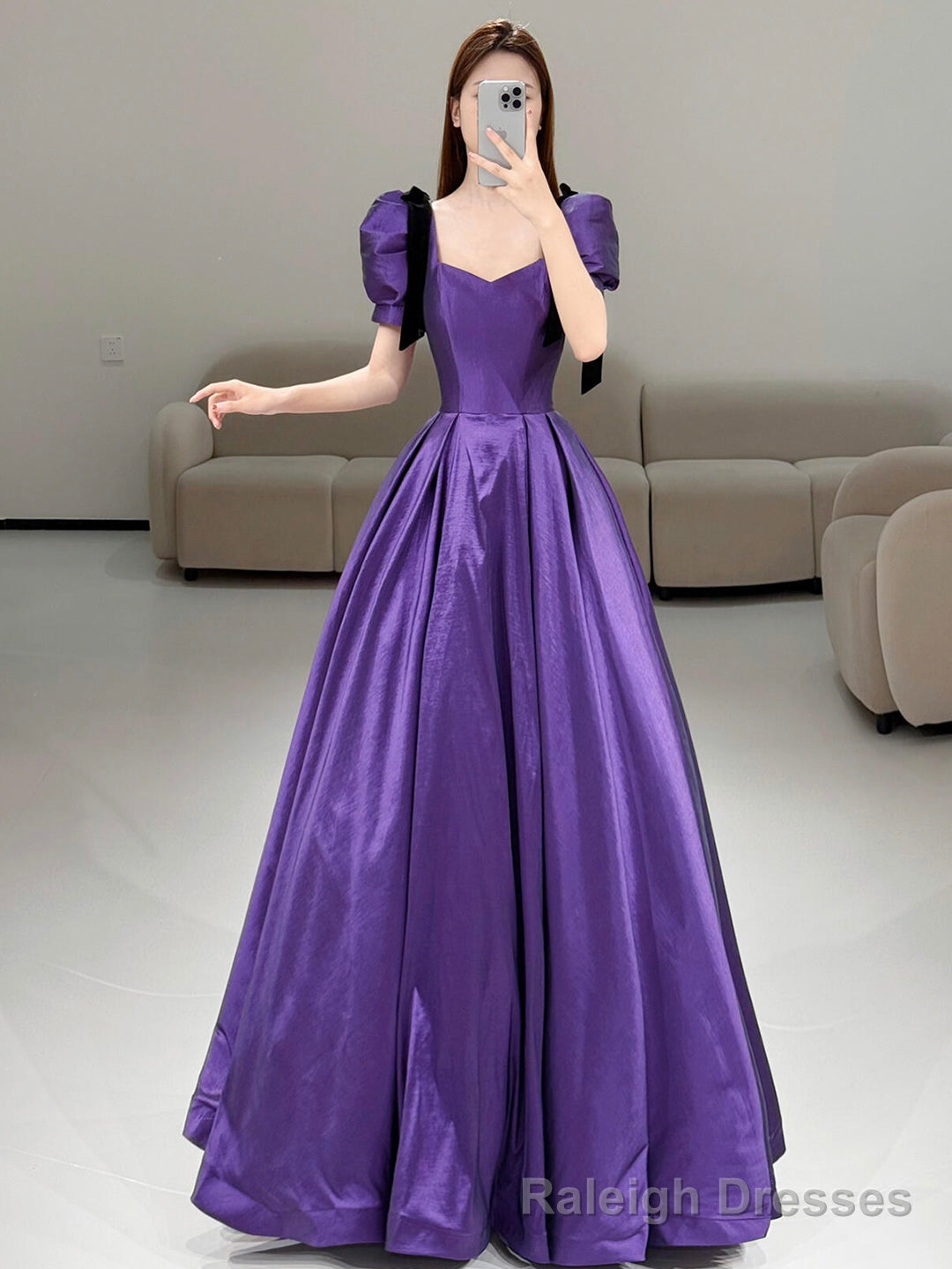 Purple Satin Short Sleeve Prom Prom Dress