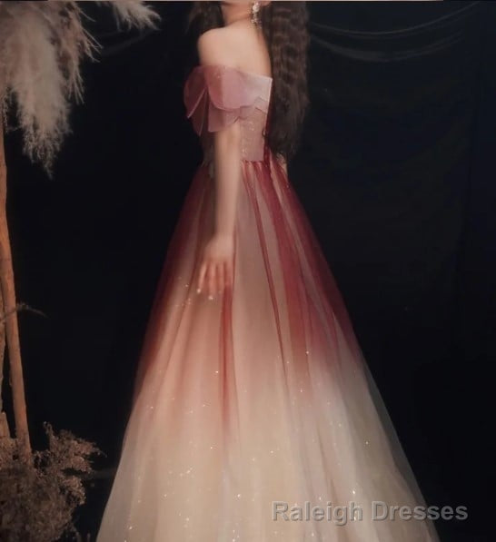 Red Gradient Off the Shoulder Tulle Evening Prom Dress