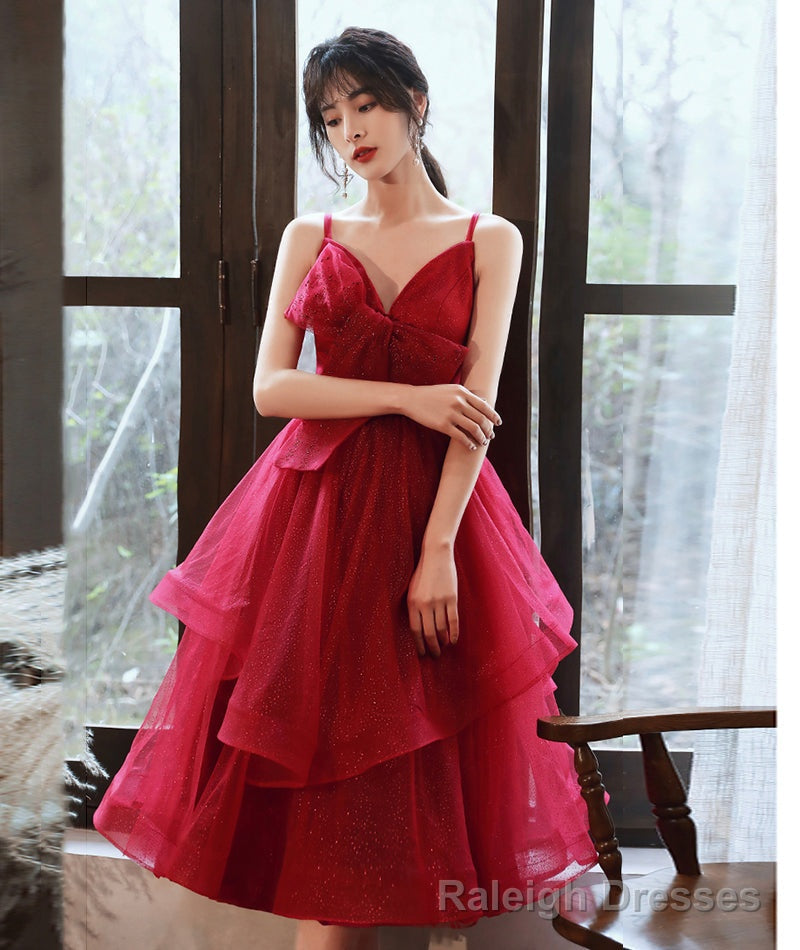 Burgundy v neck tulle sequins prom dress homecoming dress Main image