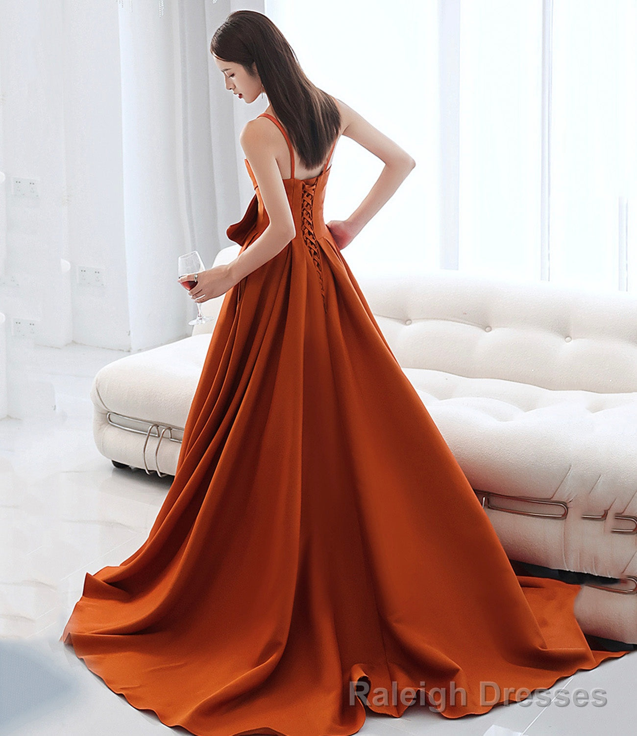 Orange satin long prom dress with bow A line formal dress Secondary image