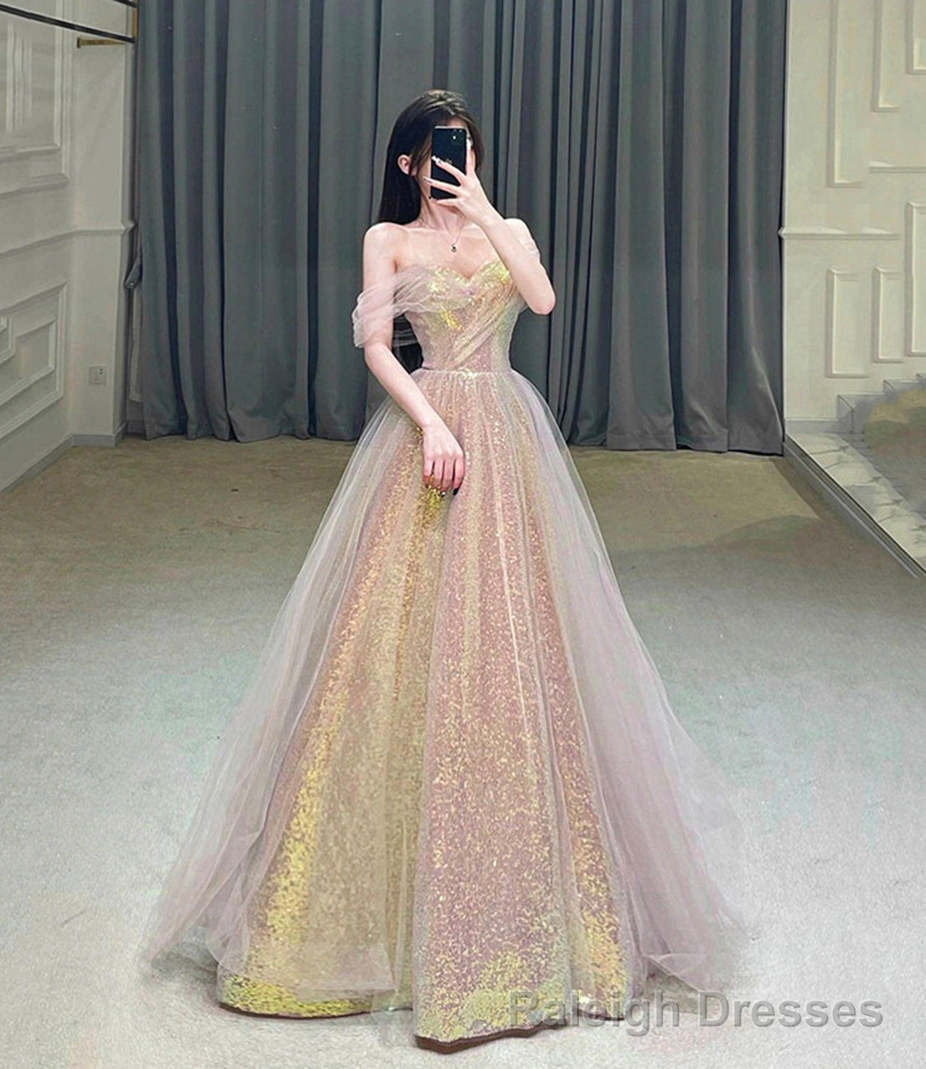 Shiny tulle sequins long prom dress eveing dress