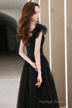 Black tulle beaded long prom dress evening dress