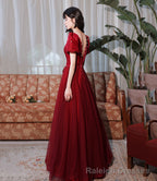 Burgundy satin tulle long prom dress A line evenig dress