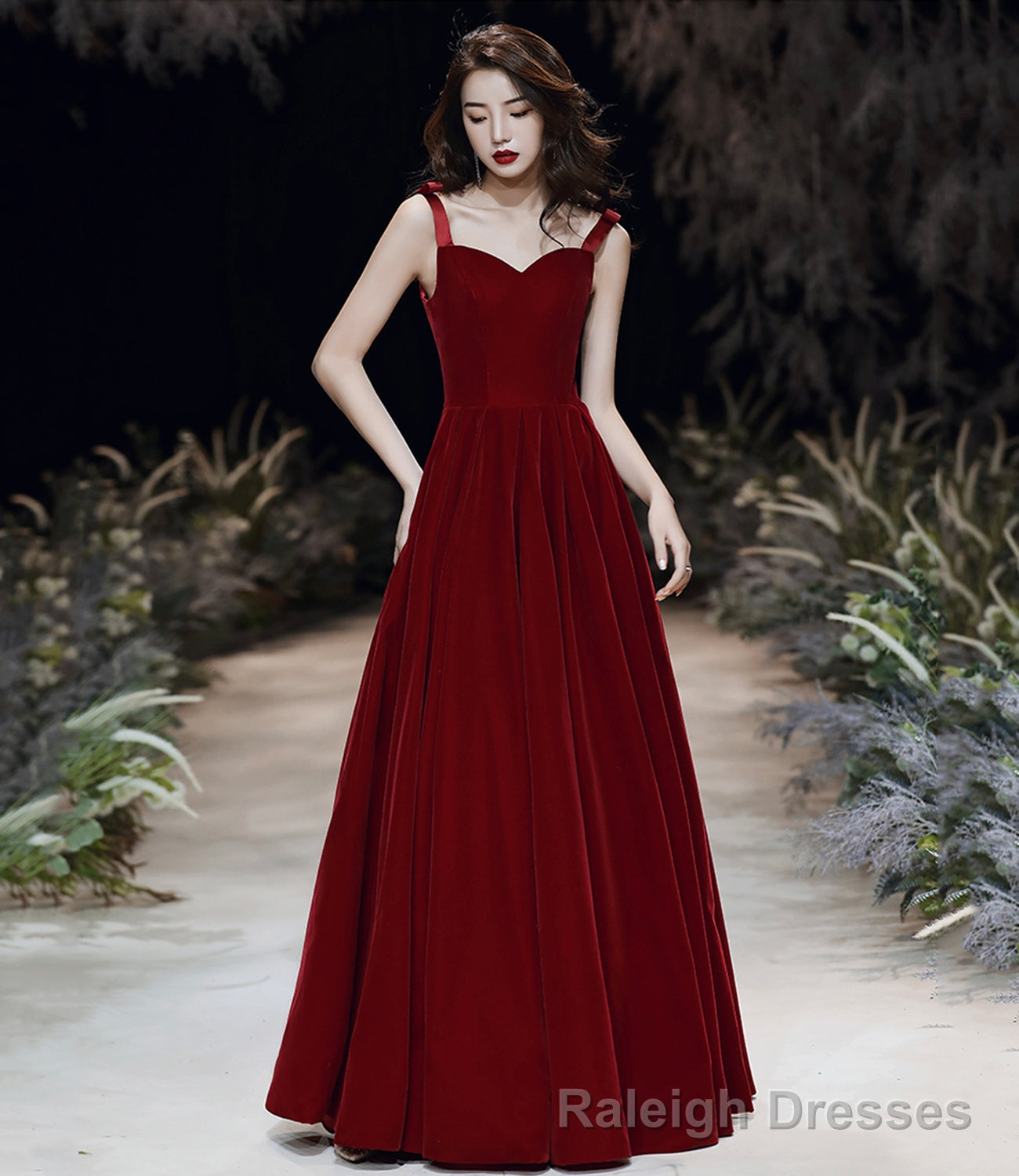 Burgundy velvet long A line prom dress evening dress Main image