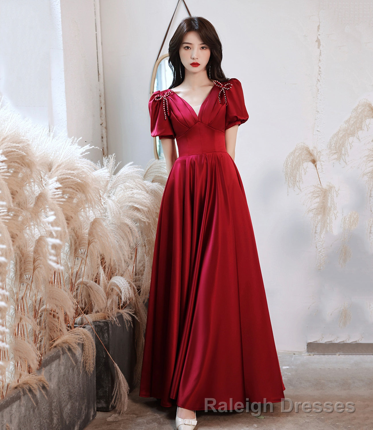 Burgundy satin long prom dress A line evening dress Main image