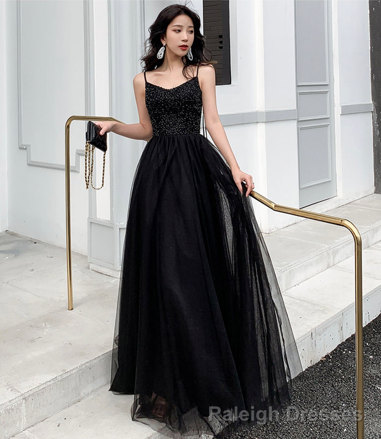 Black tulle beads long prom dress A line evening dress Main image