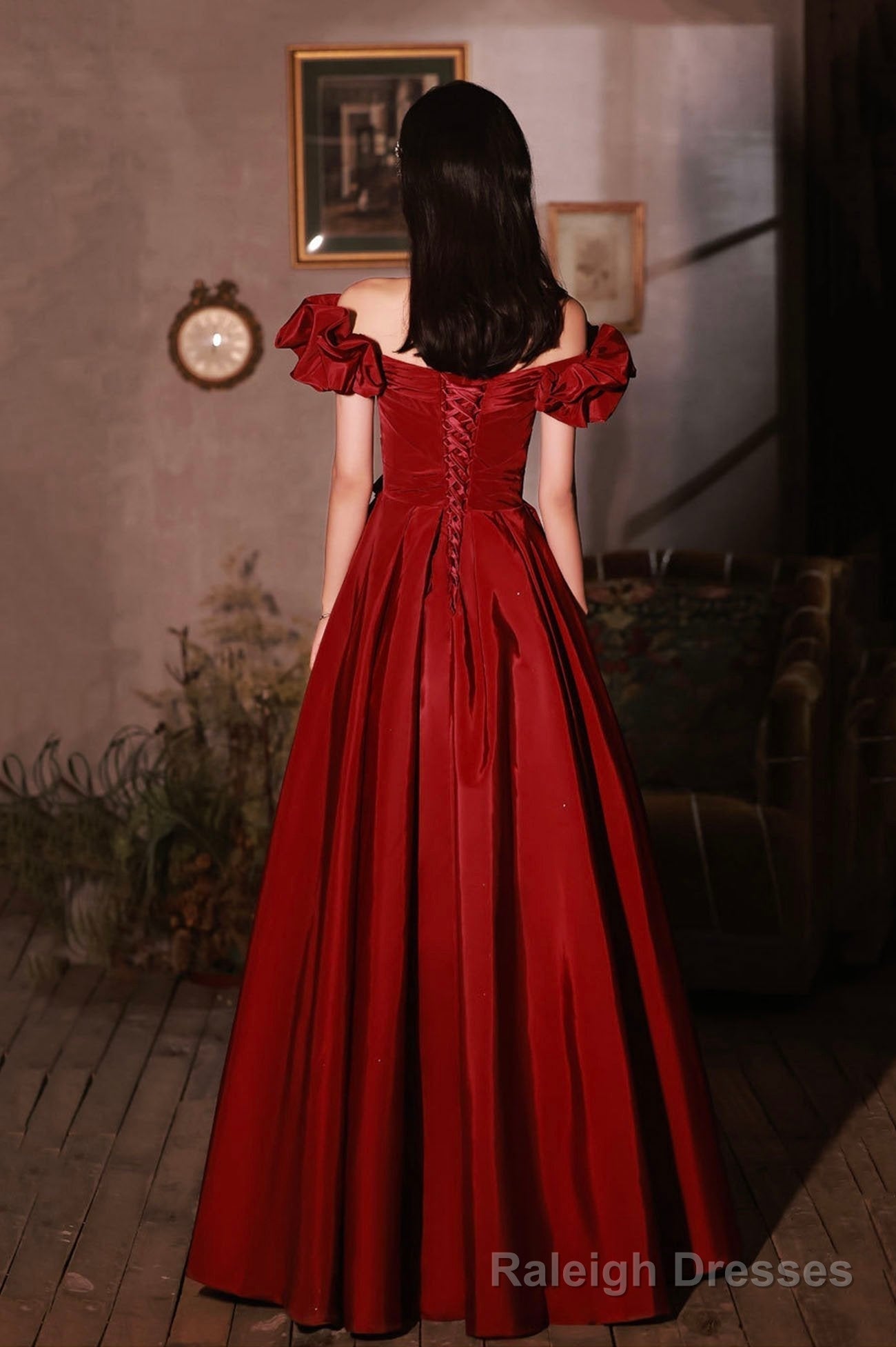 Burgundy satin long prom dress A line evening dress Secondary image