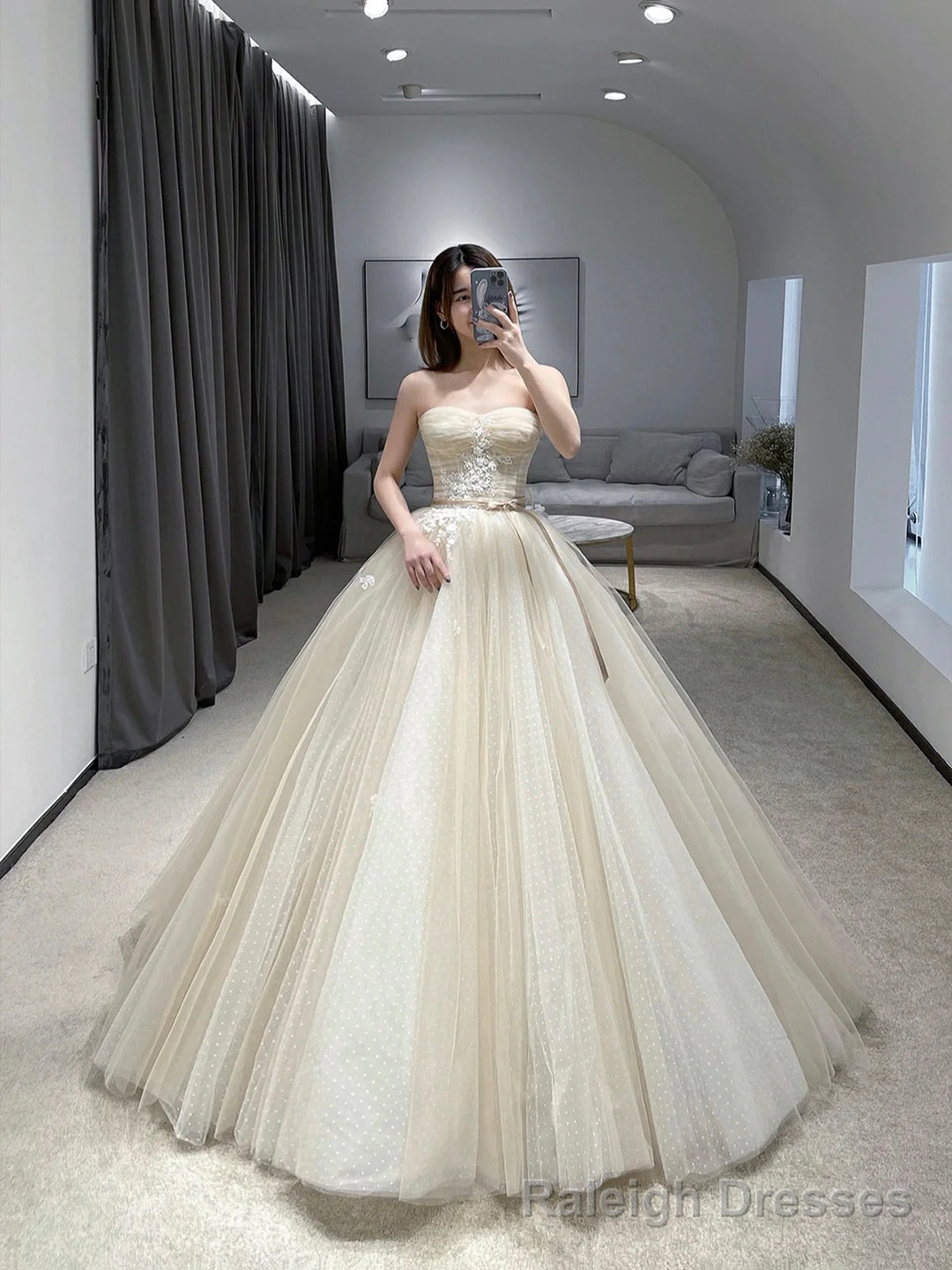 Champagne Strapless Tulle Lace Floor Length Prom Dress Main image