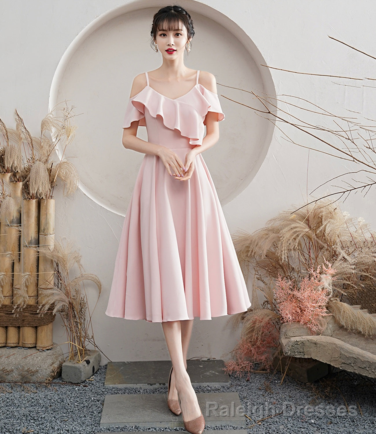 Pink A line short prom dress pink party dress Main image