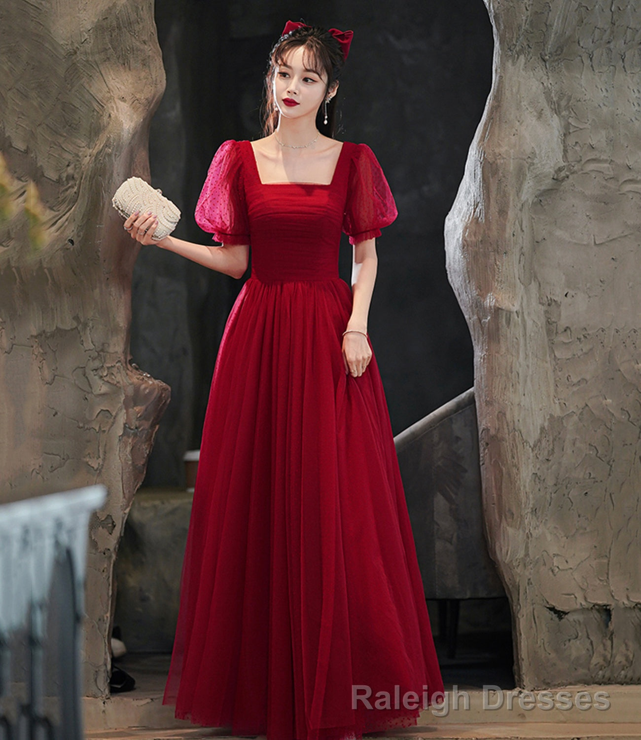 Burgundy tulle long A line prom dress evening dress Secondary image