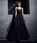Black Simple v neck tulle long prom dress A line evening dress