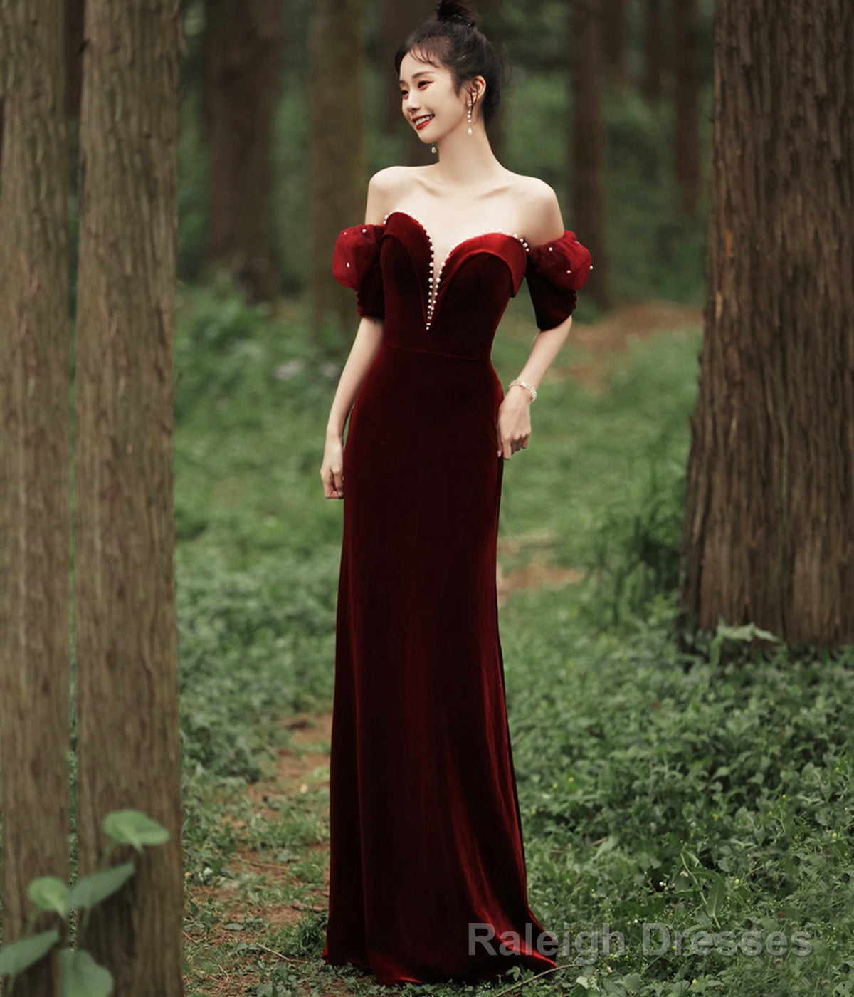Burgundy Velvet Long Prom Dress with Pearls, Mermaid Off Shoulder Evening Party Dress Main image