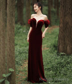 Burgundy Velvet Long Prom Dress with Pearls, Mermaid Off Shoulder Evening Party Dress