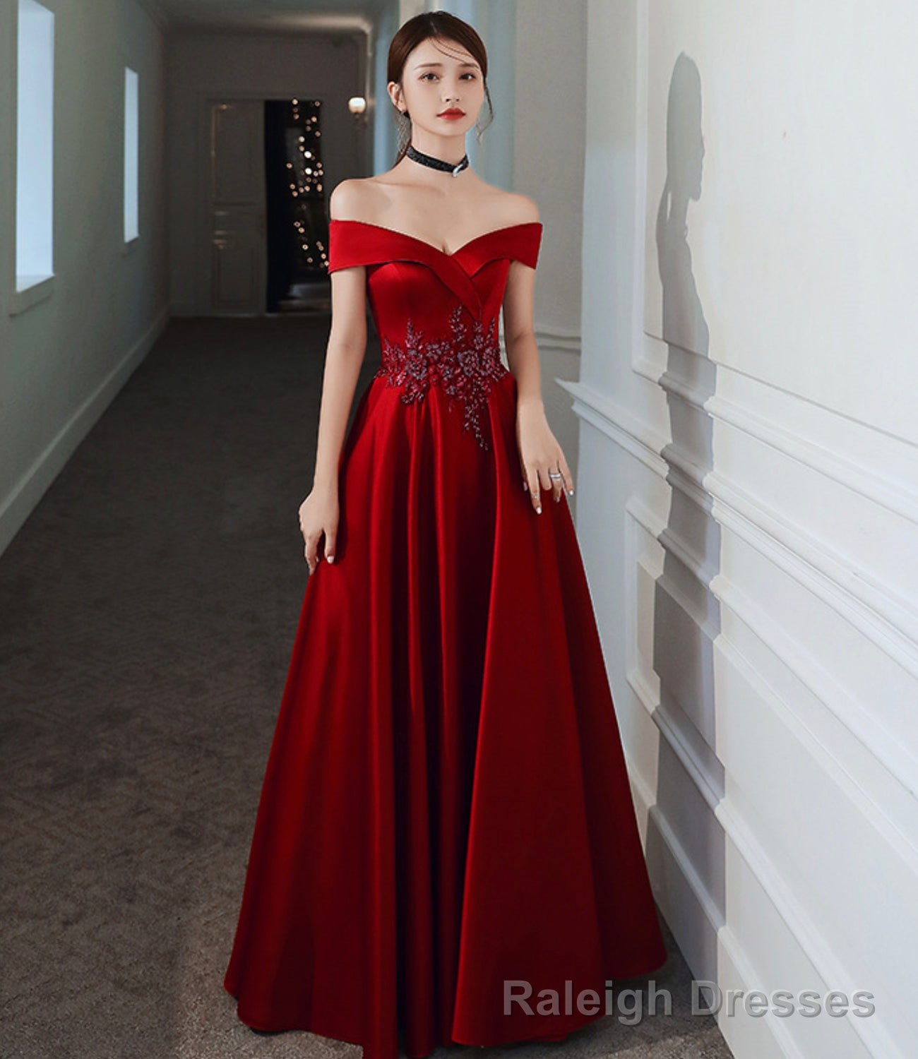 Burgundy satin beads long prom dress evening dress Main image