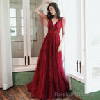Burgundy tulle long prom dress evening dress