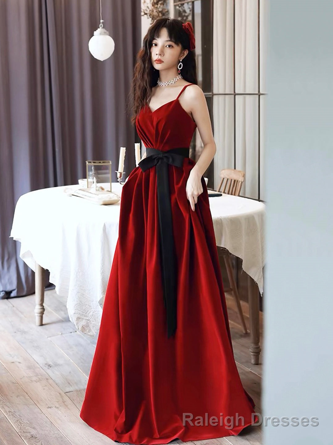 Burgundy Spaghetti Strap Velvet Long A-Line Prom Dress Main image