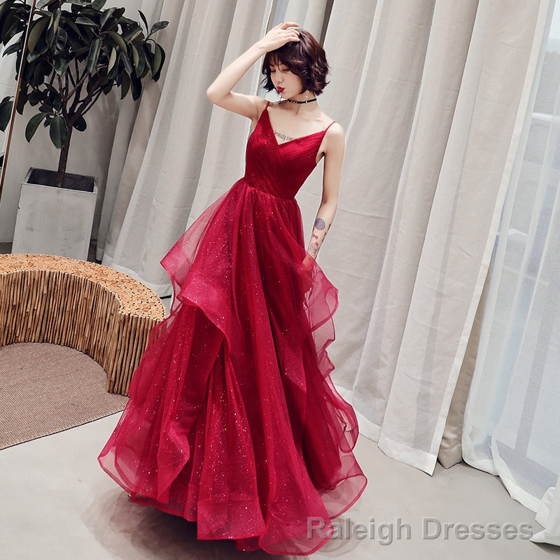 Burgundy v neck tulle long prom dress, formal dress Secondary image