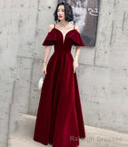 Burgundy velvet long prom dress A line evening dress