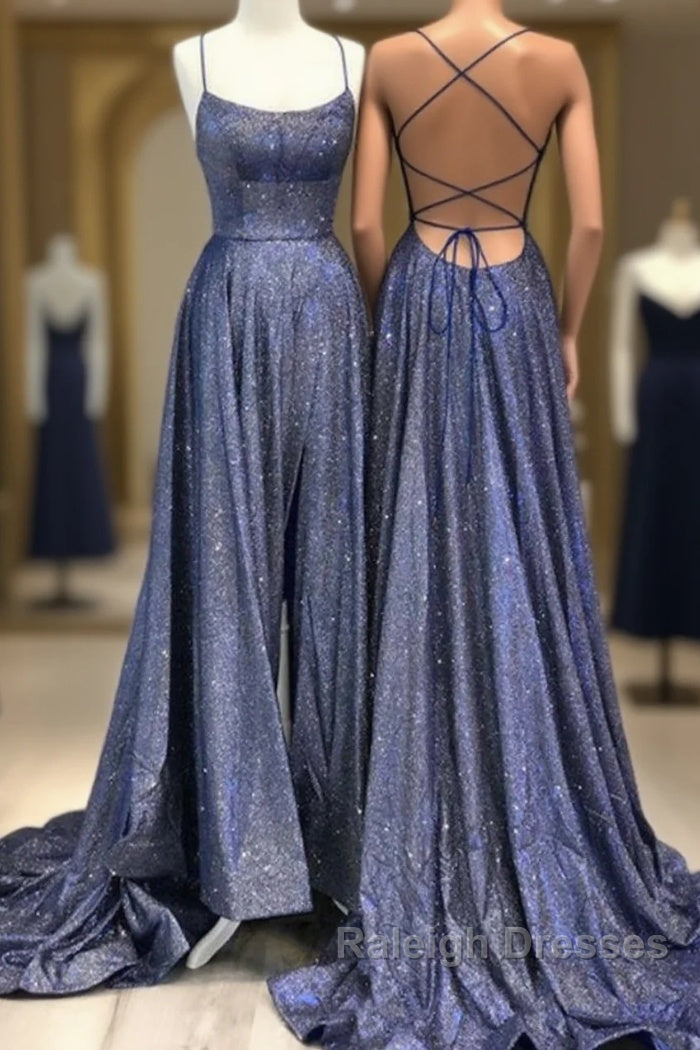 Shiny Navy Blue Sequin A Line Long Prom Dress With Slit