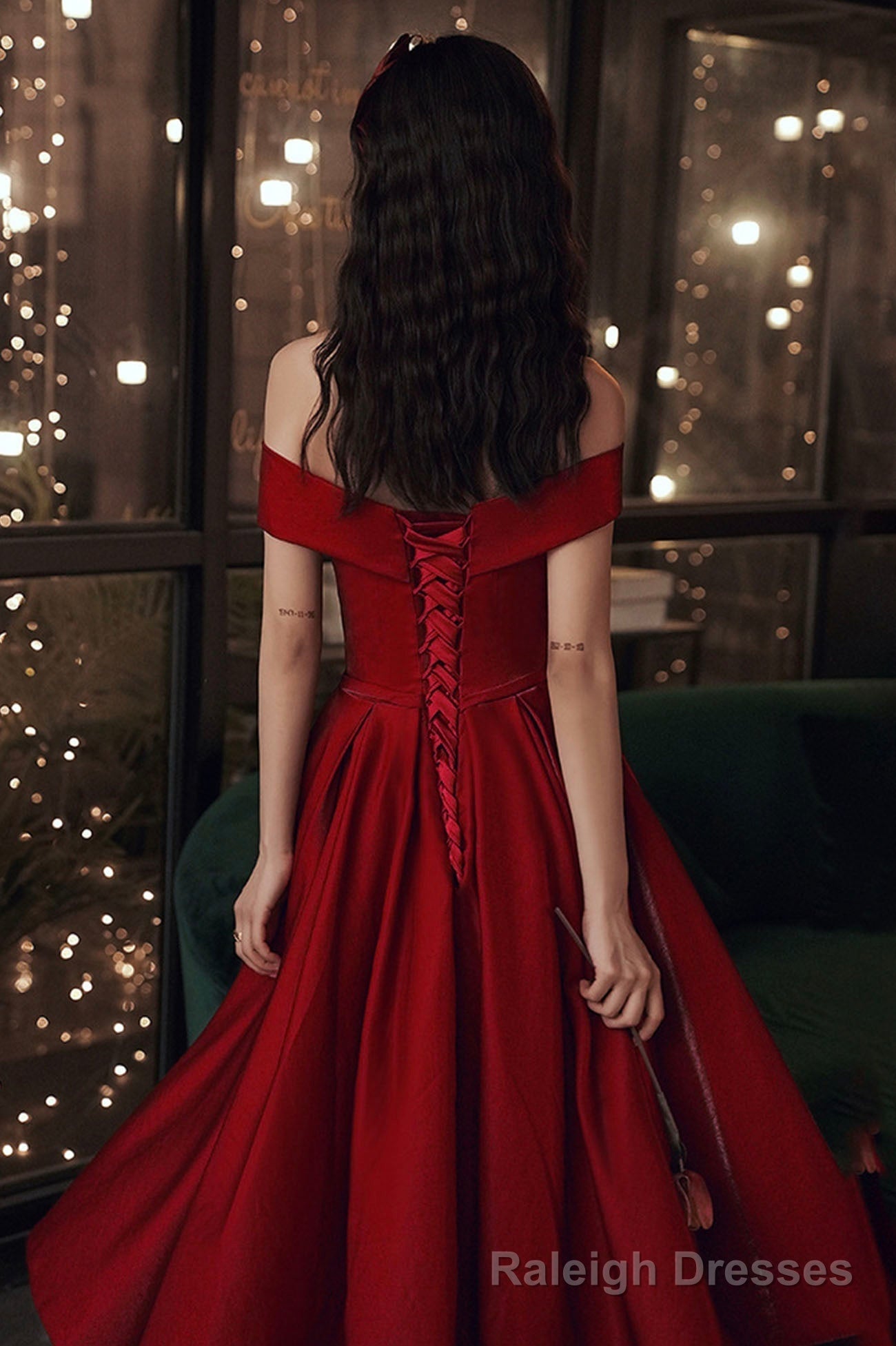 Cute satin short prom dress burgundy evening dress