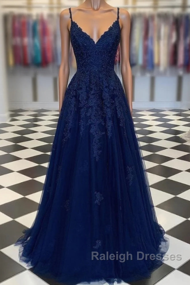 A Line Navy Blue V Neck Lace Prom Dresses Main image